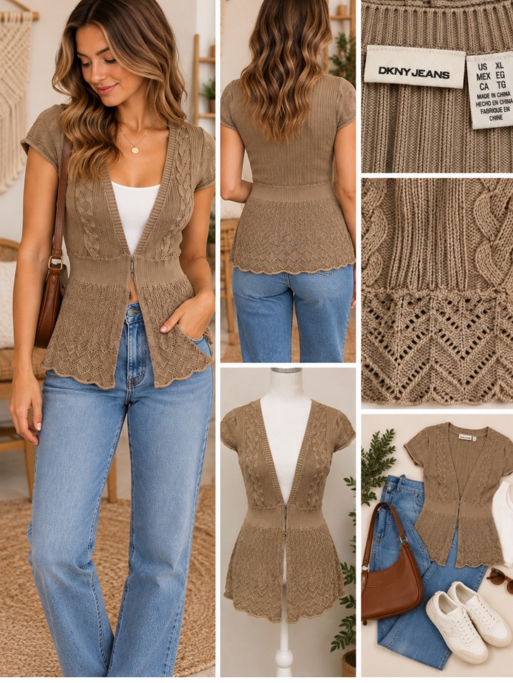 DKNY Taupe Knit Short-Sleeve Zip-Front Cardigan